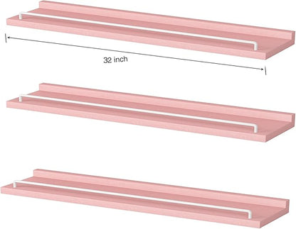 32 inches Long Floating Shelves, Bathroom Decor Shelves Over Toilet, Farmhouse Wall Shelves for Living Room, Bedroom, Picture Frames, Plants, Kitchen, Set of 3 (Pink and White)