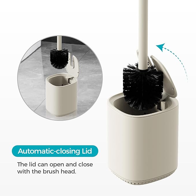 Toilet Brush and Holder Set Toilet Bowl Brush Stainless Steel Automatic Toilet Bowl Cleaner Brush with Durable Bristle Head Toilet Cleaning Brush for Bathroom 2 Pack Set Cream