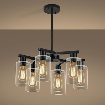 6-Light Modern Farmhouse Black Chandelier, Dining Room Light Fixture Over Table Adjustable Height Hanging Industrial Pendant Lights Kitchen Island, Clear Glass Shade