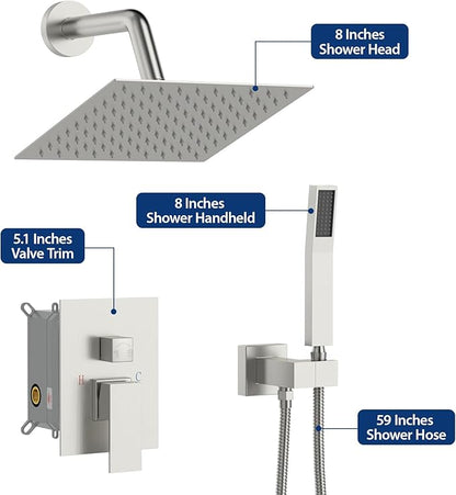 Sarlai Shower Faucet Set Bathroom Square Rainfall Shower Head and Handle Combo Wall Mounted Shower Faucet with Valve 8 Inch Shower Head Trim Systems Brushed Nickel