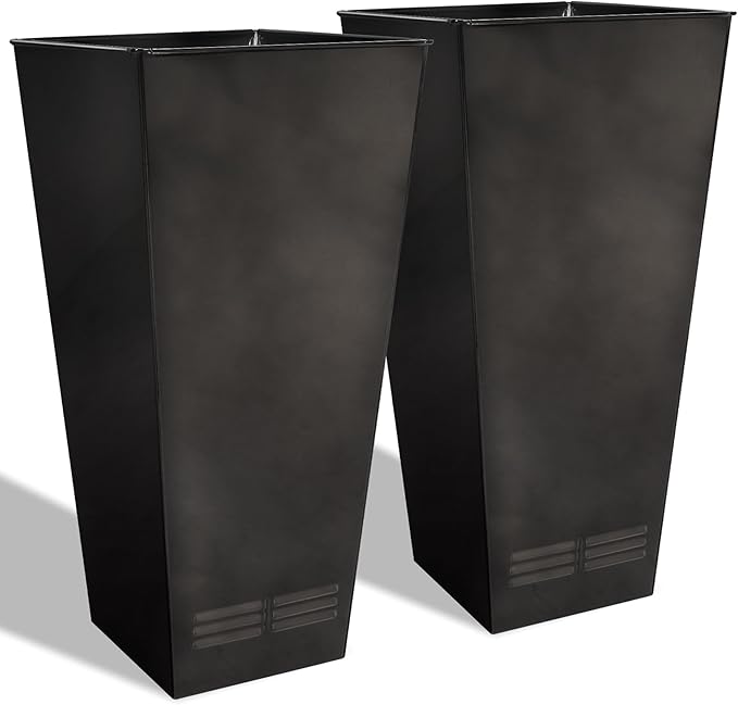 Worth Garden 28" H. Large Metal Glazed Planter Set of 2, Modern Glossy Finish Black Tall Square Tapered Steel Flower Plant Pots for Indoor & Outdoor Use - Insert Plate with Drain Holes, Air Vents