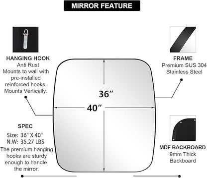 ANDY STAR Black Oblong Mirror, 36x40 Inch Black Oval Mirror for Bathroom with Stainless Steel Metal Frame, Wall Mouned for Bathroom, Living Room, Entryway