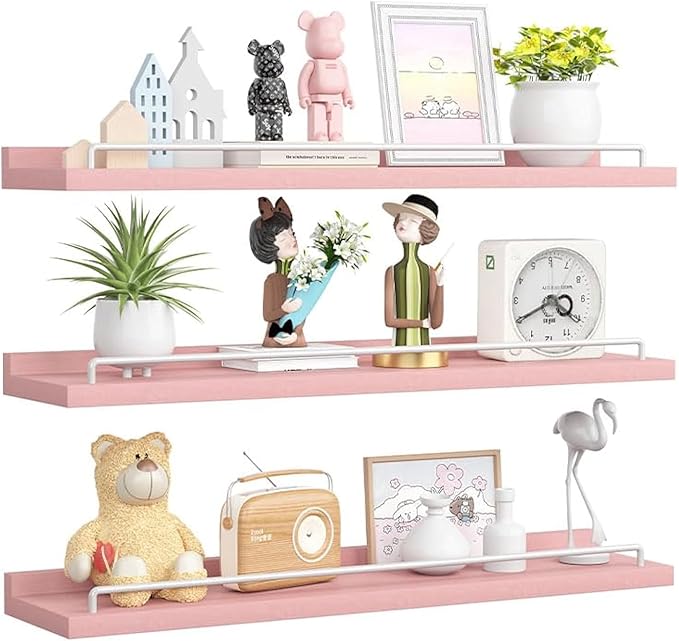 22 inches Long Floating Shelves, Bathroom Decor Shelves Over Toilet, Farmhouse Wall Shelves for Living Room, Bedroom, Picture Frames, Plants, Kitchen, Set of 3 (Pink and White)