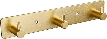 3 Gold Wall Hooks, Brushed Gold Bathroom Hook Rail, Self Adhesive Key Hook Rack Hanger Towel Robe Stick Hooks for Toilet Entryway Hallway Kitchen Wall Mounted