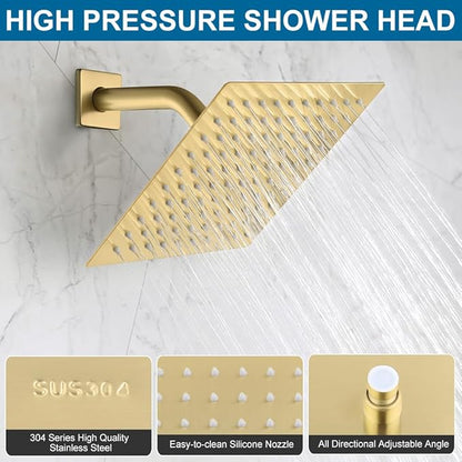 POP SANITARYWARE Shower Faucet Set Brushed Gold Bathroom Rainfall 8 Inch Shower Head System, Single Handle Shower Trim Kit with Rough-in Valve