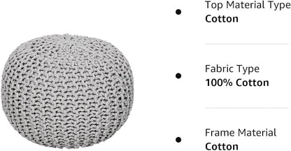 REDEARTH Round Boho Pouf Ottoman - Cable Knitted Cord Boho Pouffe - Stuffed Poof Accent Beanbag Footrest for Living Room - Nursery - Bedroom - Covered Patio - Study Nook (19.5"x19.5"x14") - Gray