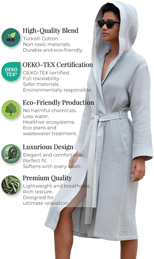 Women’s Luxury Waffle Shawl Collar, Hooded Robe w Piping – Lightweight, Long, Ultra Soft Spa Sleepwear Bathrobe