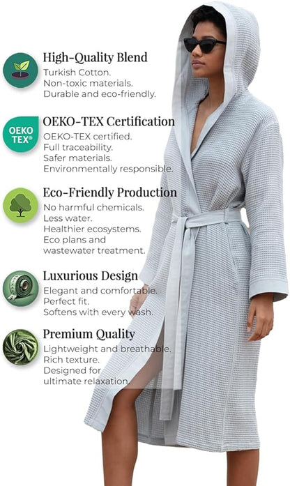 Women’s Luxury Waffle Shawl Collar, Hooded Robe w Piping – Lightweight, Long, Ultra Soft Spa Sleepwear Bathrobe