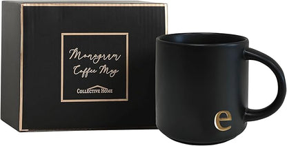 COLLECTIVE HOME - Black Monogram Ceramic Mugs, 15 oz Golden Initial Coffee Cups, Elegant Alphabet Tea Mugs, Personalized Halloween Mug with Gift Box, Perfect for Office and Home Décor (e)