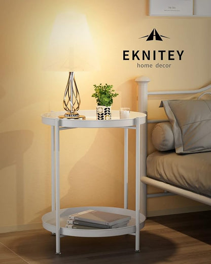 EKNITEY 2 Tier End Table - Metal Side Table Waterproof Small Sofa Coffee Side Tables Bedroom Indoor Outdoor with Removable Tray for Living Room Bedroom Balcony and Office (White)