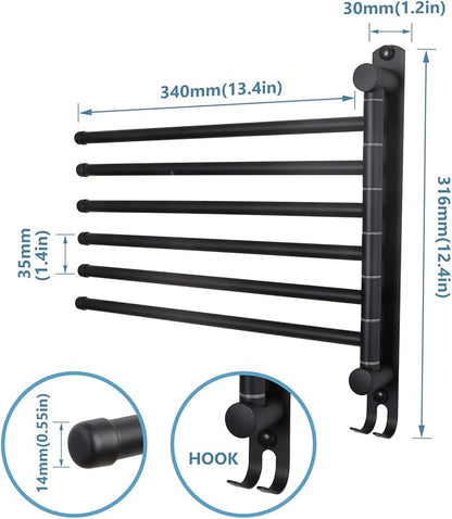 Space Saving Towel Rack JSVER Black Space Saving Towel Holder, Towel Rack Wall Mounted, Swivel Hand Towel Holder, 6-Arms Towel Bar, Towel Racks for Bathroom
