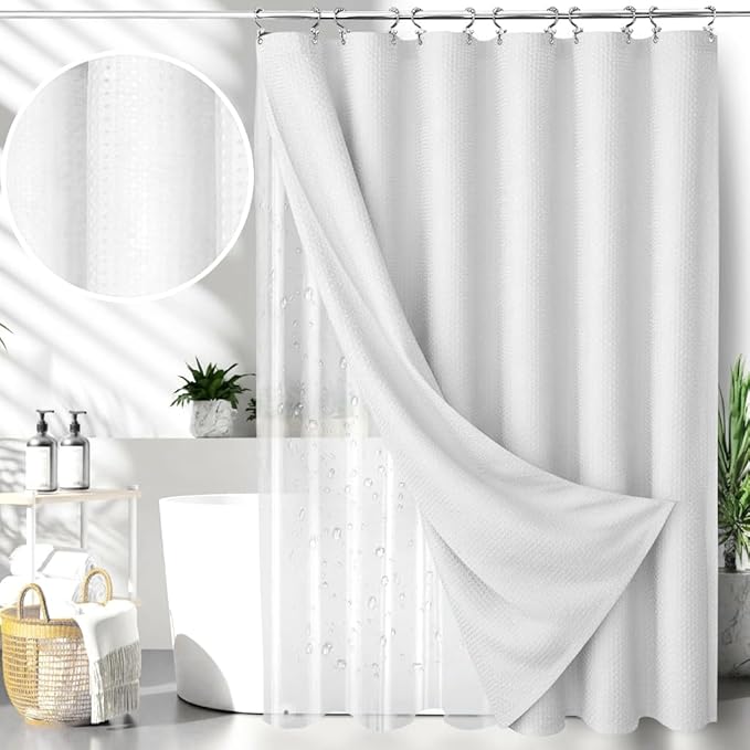 White Bathroom Set, 25 PCS Bathroom Accessories Set with Shower Curtains, Rugs, Trash Can, Toothbrush Holder, Soap Dispensers, Toothbrush Cup, Vanity Tray, Soap Dish, Toilet Brush, Qtip Holders