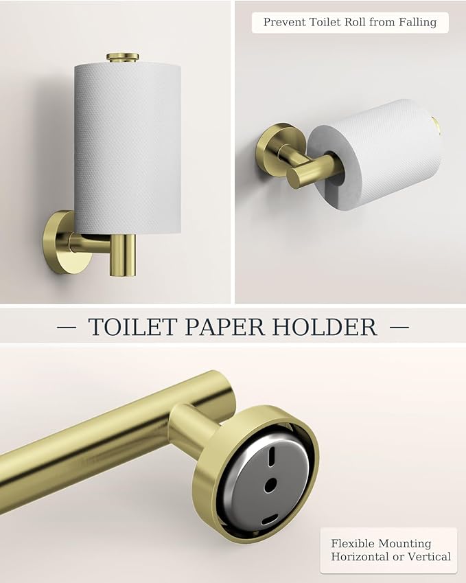 Brushed Gold Bathroom Accessories Set, SUS304 Stainless Steel 5 Pieces Bathroom Hardware Set, 24" Double Bath Towel Bar Set, 2 Towel Hooks, Toilet Paper Holder, Towel Racks for Bathroom Wall Mounted