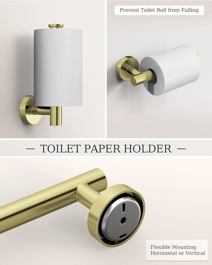 Brushed Gold Bathroom Accessories Set, SUS304 Stainless Steel 5 Pieces Bathroom Hardware Set, 24" Double Bath Towel Bar Set, 2 Towel Hooks, Toilet Paper Holder, Towel Racks for Bathroom Wall Mounted