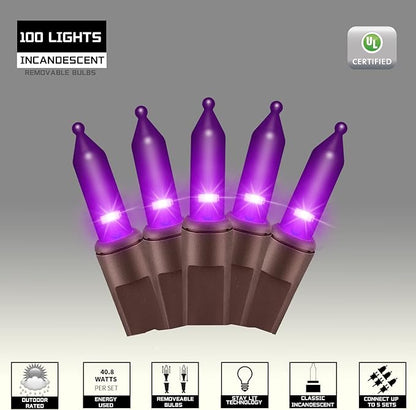 100LIGHTS Purple Extra-Bright with End Connectors Halloween Decorative Lights 5.98m UL Certified Mini String Light Set Waterproof for Halloween Home Garden Christmas Tree Party Patio Wedding