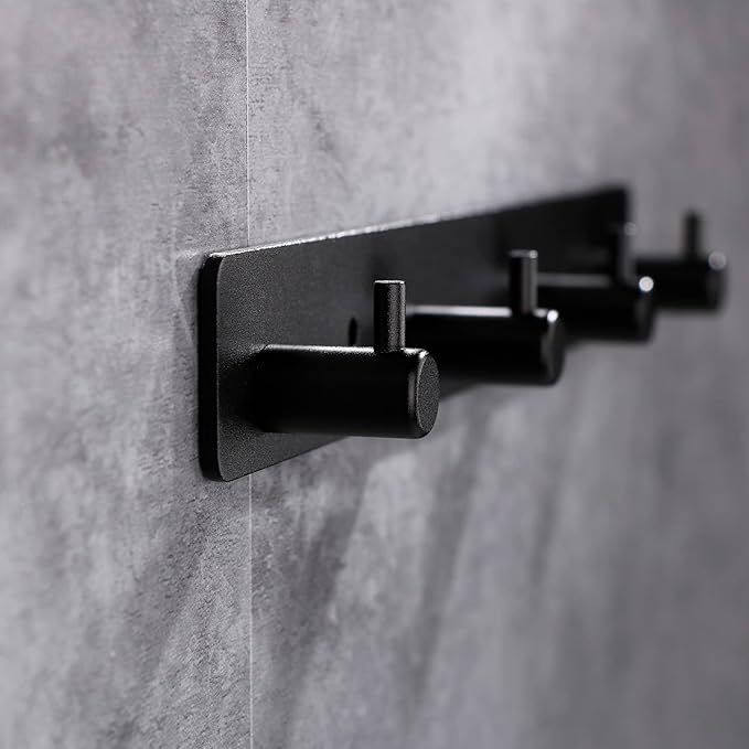 Black 4 Wall Hooks, Matte Black Bathroom Hook Rail, Self Adhesive Key Hook Rack Hanger Towel Robe Stick Hooks for Toilet Entryway Hallway Kitchen Wall Mounted
