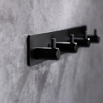 Black 4 Wall Hooks, Matte Black Bathroom Hook Rail, Self Adhesive Key Hook Rack Hanger Towel Robe Stick Hooks for Toilet Entryway Hallway Kitchen Wall Mounted
