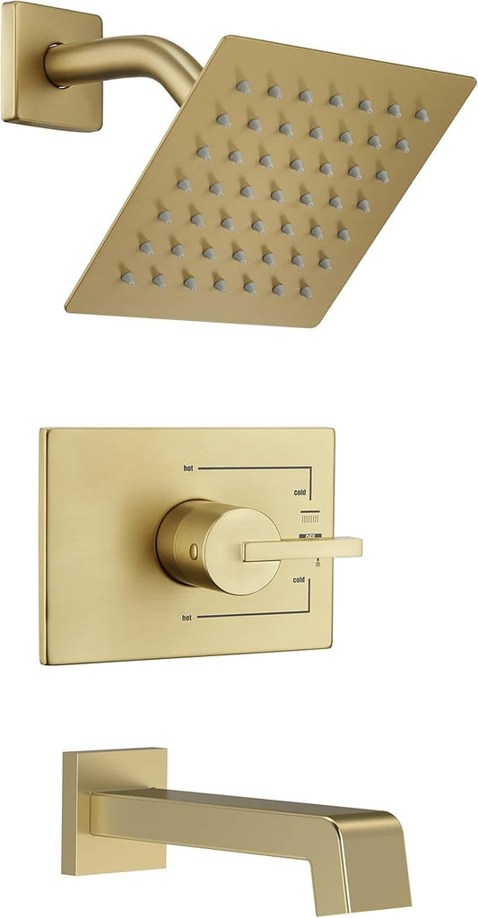 Brushed Gold Shower Fixtues, Tub and Shower Faucet Set Combo with 6 Inch Gold Shower Head and Tub Spout, Gold Shower Head and Handle Set (Valve Included)