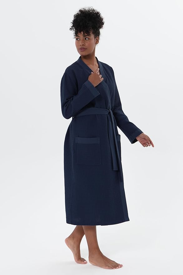 Women’s Luxury Waffle Shawl Collar, Hooded Robe w Piping – Lightweight, Long, Ultra Soft Spa Sleepwear Bathrobe