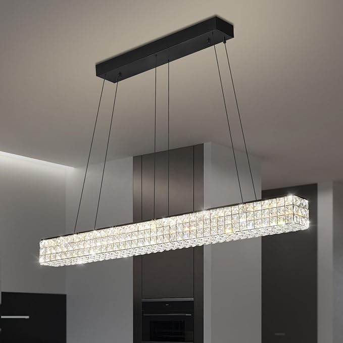 W48 Black Chandeliers for Dining Room, Modern Crystal Pendant Lights Fixture Farmhouse Hanging Dining Light Fixtures for Kitchen Island, Living Room, Bedroom