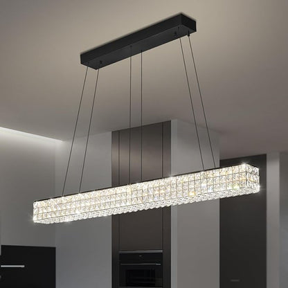 W48 Black Chandeliers for Dining Room, Modern Crystal Pendant Lights Fixture Farmhouse Hanging Dining Light Fixtures for Kitchen Island, Living Room, Bedroom