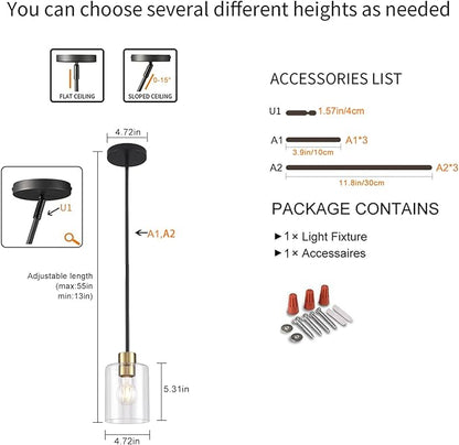 Black Brass Pendant Lights Kitchen Island - Clear Glass Pendant Light Fixture Multiple Stems Rods 3 Units 12 Inch 3 Units 4 Inch (1 Pack Black Brass Downrod)