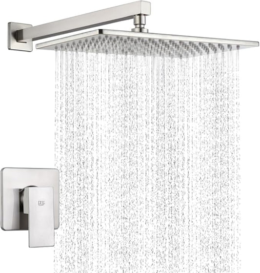 POP SANITARYWARE Shower Faucet Set with Rainfall 12 Inch Shower Head, Wall Mounted Bathroom Shower System Brushed Nickel, Single Function Shower Trim Kit with Valve