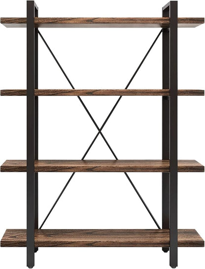 4 Tier Bookshelf Solid Wood Bookcase and Book Shelves Wood and Metal Shelving Rustic Open Bookshelf Office,Distressed Brown (AY-02-4Tier)