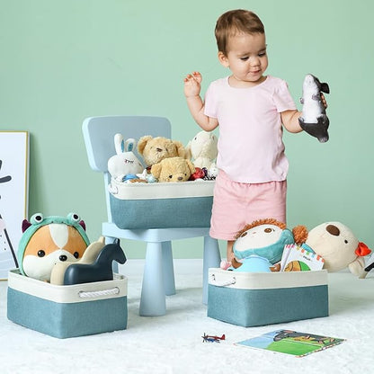 TheWarmHome Fabric Storage Bins Baskets for Organizing,Sturdy Storage Basket W/Handles, Decorative Foldable Storage Baskets for Shelves Closet Nursery Toy (White&Teal, Medium - 3 Pack)