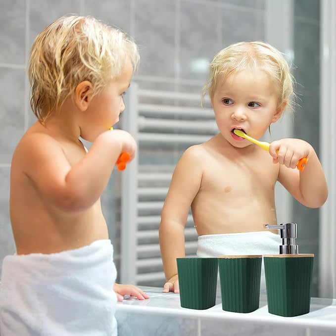 Dark Green Bathroom Accessories Set, 9-Piece Green Bathroom Set with Trash Can, Tray, Soap Dispenser, Toothbrush Holder, Toothbrush Cup, Soap Dish, Toilet Brush and Q-tip Holders