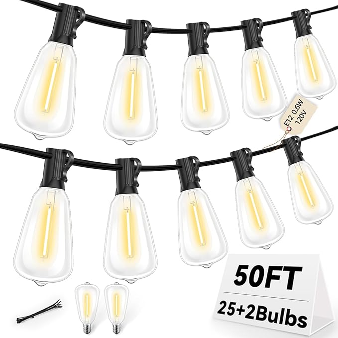 ST38 50FT LED Outdoor String Lights with 25+2 Spare Bulbs, E12 Socket, 2700K Warm White-for Backyard, Wedding, Camping, Porch, Deck, Gazebo, Bistro Decor
