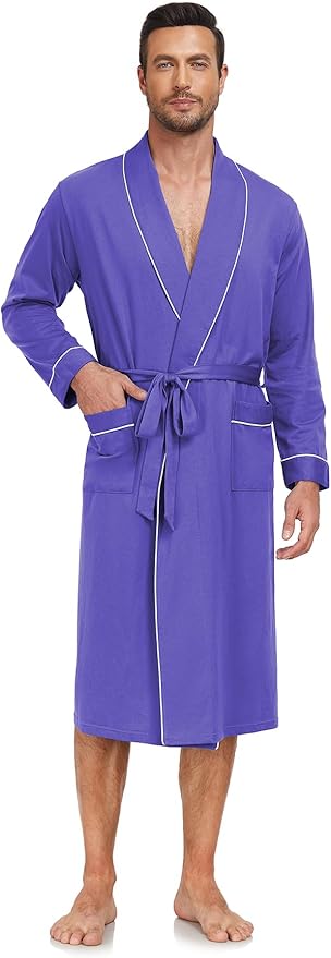 COLORFULLEAF Mens 100% Cotton Robes Lightweight Summer Long Bathrobe Sleepwear Soft Knit Spa Robe with Pockets