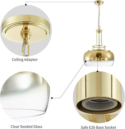 WUZUPS Gold Chandelier Rustic Farmhouse Industrial Round Ceiling Pendant LED Light Fixture with Gradient Glass Shade for Dining Room Kitchen Island Foyer Entryway, H 20.9" W 15.9", E26 Base