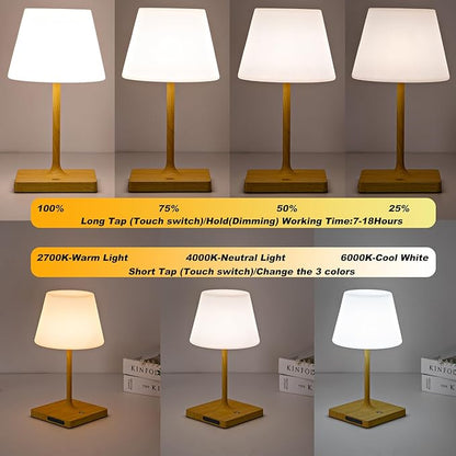 Cordless Table lamp, Outdoor Battery Operated Rechargeable Desk lamp,Waterproof Shower Lamp,4000mAh LED 3 Colors Dimmable Touch Lamps for Camping Patio Courtyard Bedroom-Wood