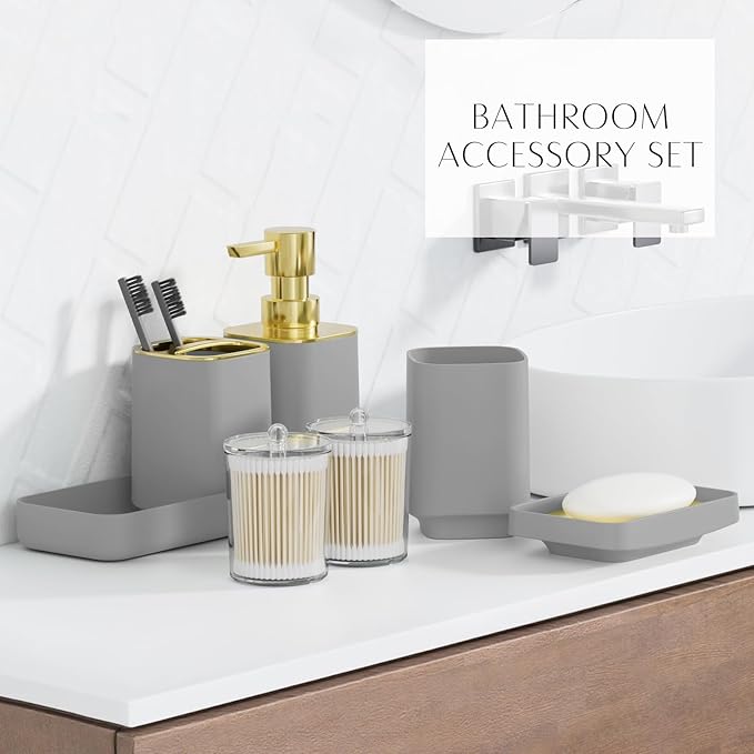 9PCS Bathroom Accessory Set, Grey Bathroom Set with Large-Capacity 4 Gallon Trash Can, Bathroom Accessories Set Complete, Toothbrush Holder, Soap Dispenser, Toilet Brush, Bathroom Decor
