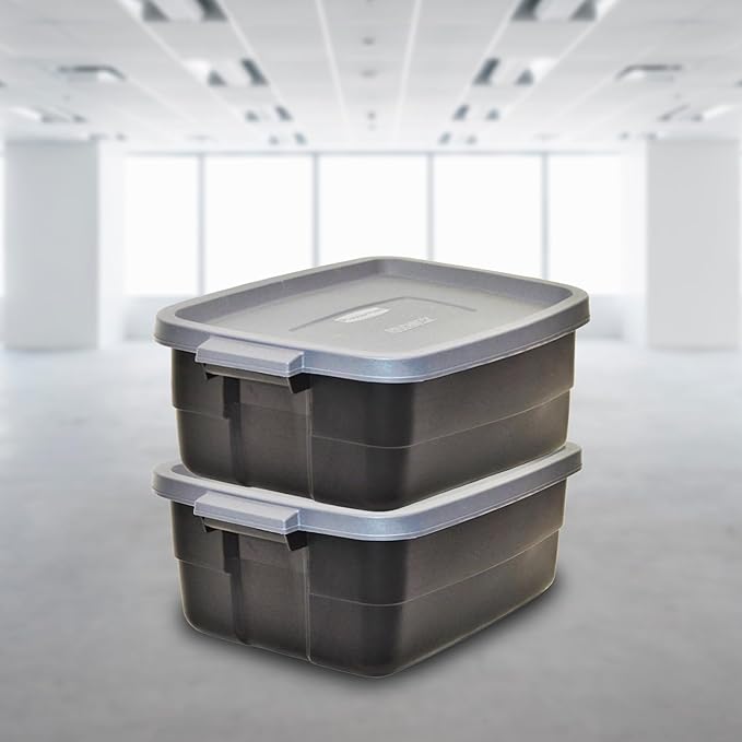 Rubbermaid Roughneck Tote 10 Gal, 6 Pack, Made in USA, Black & Gray, Rugged Plastic Stackable Storage Bins with Lids and Handles