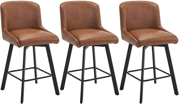 Swivel Bar Stools Set of 3, 26''H Upholstered Barstools with Backs, Modern Counter Height Bar Stool Chairs for Kitchen Island, Metal Legs, Faux Leather, Brown Counter Stools
