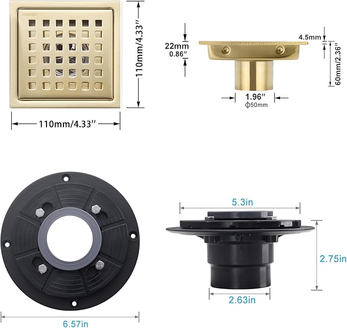4 Inch Brushed Gold Shower Floor Drain Square for Bathroom Kitchen Removable Grill Plate Cover with Flange Kit, Sus304 Stainless Steel Brass Finish