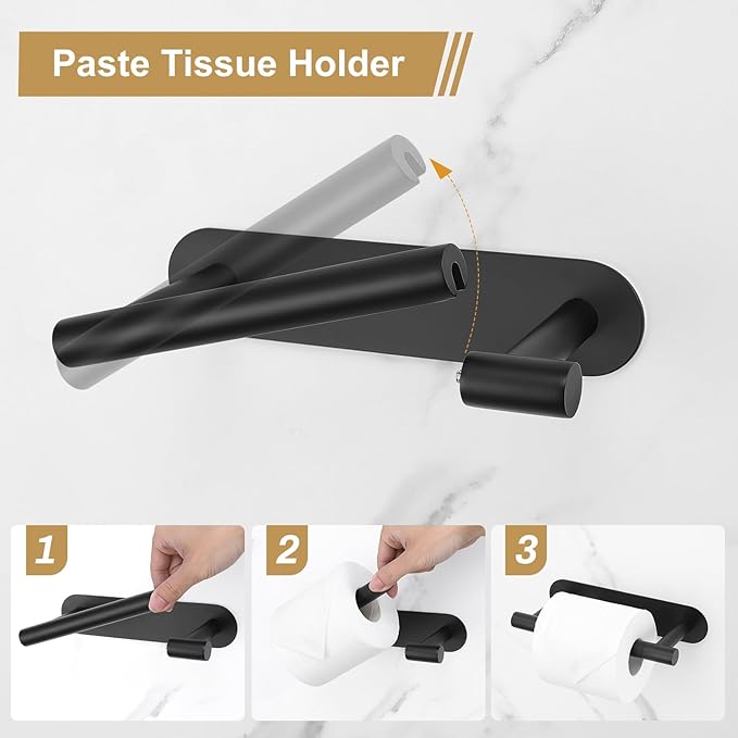 Self Adhesive Matte Black Toilet Paper Holder, SUS304 Stainless Steel Toilet Roll Holder, Double Base Paper Towel Holder Wall Mount No Drilling for Bathroom, Kitchen, Washroom
