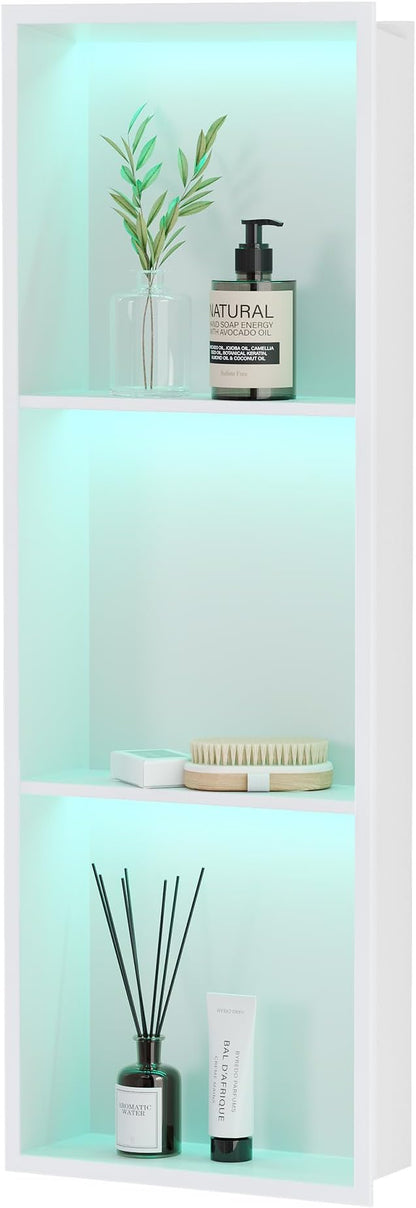 Stainless Steel Shower Niche 12" X 36", No Tile Needed Wall Niche with RGB Led Light, Recessed Shower Shelf for Bathroom Storage Over Mount Installation, Matte White