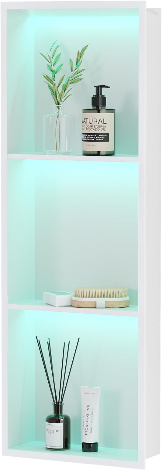 Stainless Steel Shower Niche 12" X 36", No Tile Needed Wall Niche with RGB Led Light, Recessed Shower Shelf for Bathroom Storage Over Mount Installation, Matte White