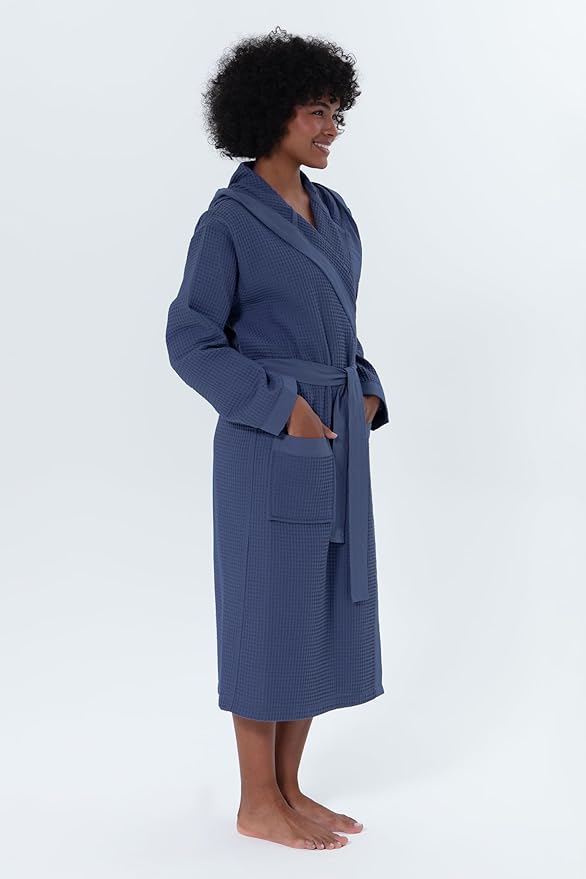 Women’s Luxury Waffle Shawl Collar, Hooded Robe w Piping – Lightweight, Long, Ultra Soft Spa Sleepwear Bathrobe