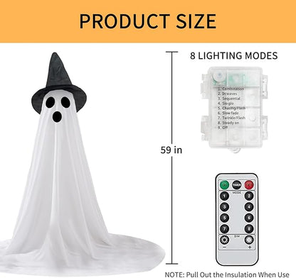 2 Packs Halloween Ghost Outdoor Decorations, 59” Light Up Ghost Decor with Remote Control, Adjustable Height Standing Halloween Lighted Ghost Kit with Witch Hat Ideal for Porch, Garden, Yard