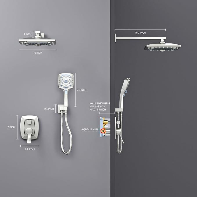 ELLO&ALLO Shower Faucet Set Mixing Valve and Trim Kit Brushed Nickel, Rainfall Waterfall Shower Head with Handheld Combo