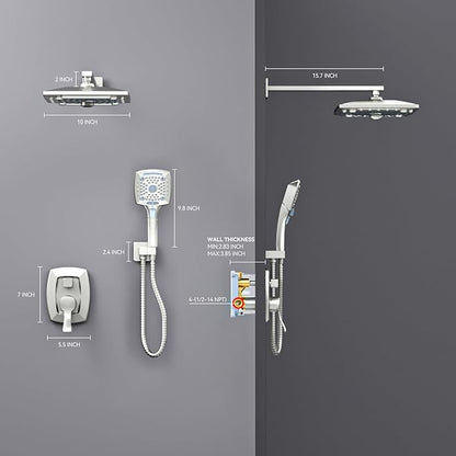 ELLO&ALLO Shower Faucet Set Mixing Valve and Trim Kit Brushed Nickel, Rainfall Waterfall Shower Head with Handheld Combo