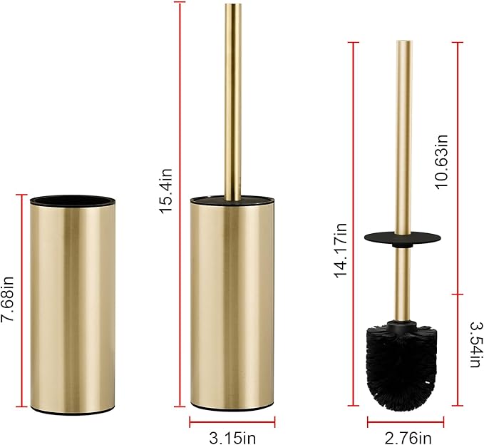 Toilet Brush and Holder Set, NEWRAIN 304 Stainless Steel Toilet Brush with Long Brush Handle, Brushed Gold Toilet Scrubber and Covered Holder, Round Design Sturdy and Space Saving, Covered Brush