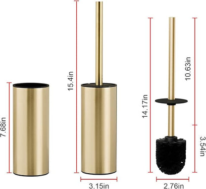 Toilet Brush and Holder Set, NEWRAIN 304 Stainless Steel Toilet Brush with Long Brush Handle, Brushed Gold Toilet Scrubber and Covered Holder, Round Design Sturdy and Space Saving, Covered Brush