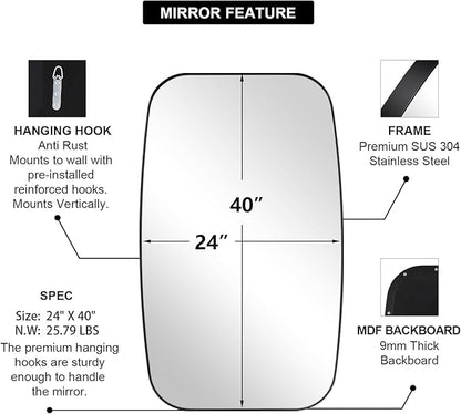 ANDY STAR 24x40” Black Bathroom Mirror, Oblong Vanity Mirror with Stainless Steel Metal Frame, Matte Black Oval Mirror for Over Sink, Modern Anti Rust Wall Mounted