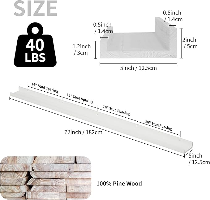SAUMONIERES Picture Ledge Shelf Floating Book Shelves Set of 2 Wall Mounted Solid Wood for Bedroom Bathroom Living Room Kitchen, 72 Inch White