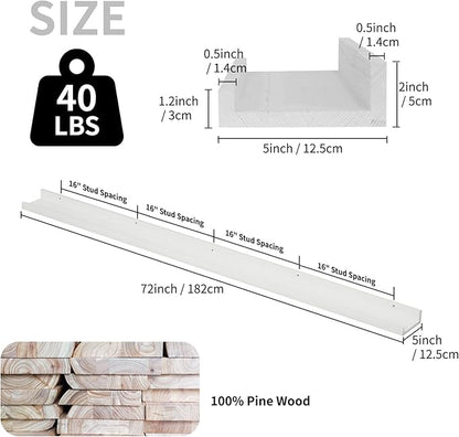 SAUMONIERES Picture Ledge Shelf Floating Book Shelves Set of 2 Wall Mounted Solid Wood for Bedroom Bathroom Living Room Kitchen, 72 Inch White